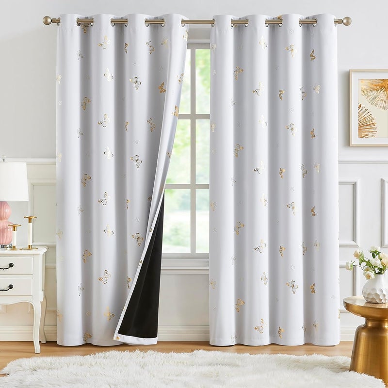 Jubilantex Gold Butterfly Blackout Curtains on Greyish White with Black Layer,Thermal Insulated Window Curtains for Bedroom Girls Room,52x84,2 Panels - Image 1